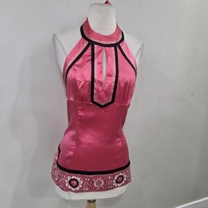 bebe Pink Halter Crop Top with Black Trim and Embroidered Hem